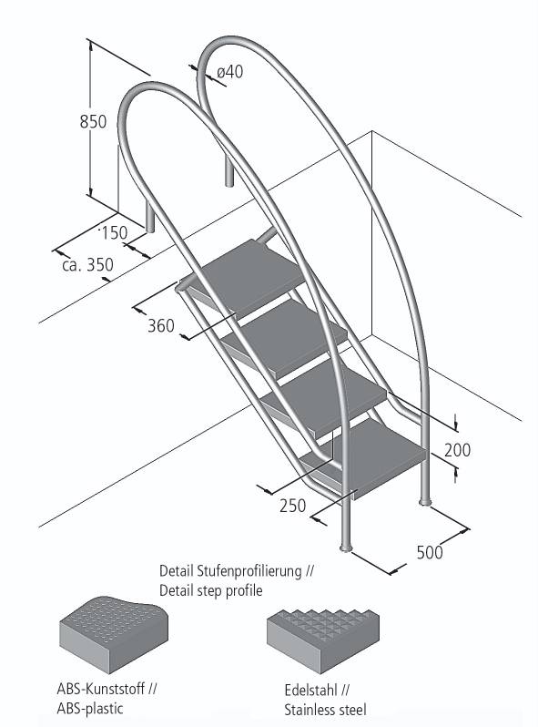 Eichenwald Pooltreppe Modell 08.2 Miami Swing Beckentiefe 1799mm Ausladung 1838mm 7 Edelstahl-Waffelblech-Stufen