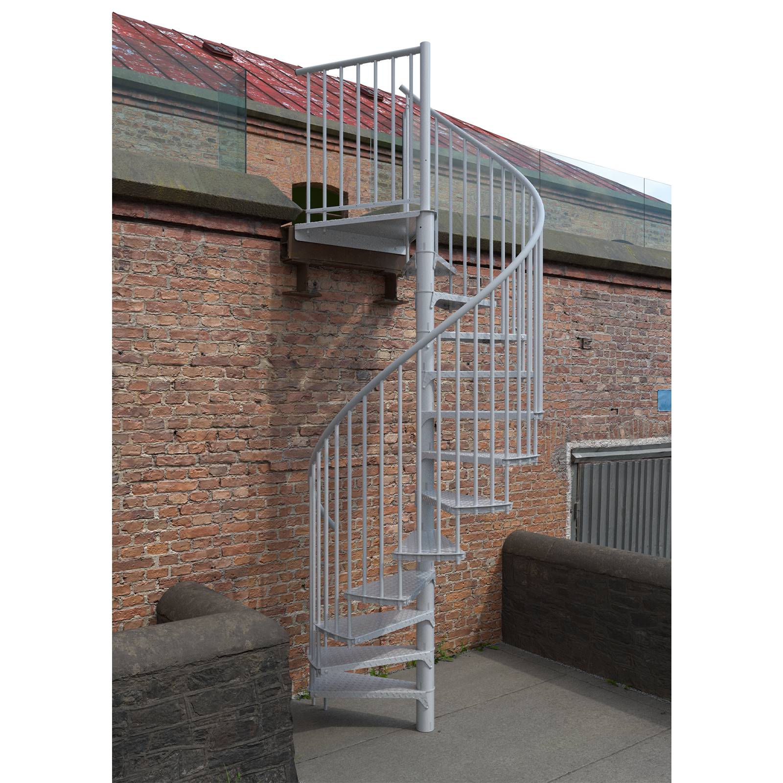 Minka Außenspindeltreppe Rondo Zink Color 38 - 305,5cm Geschosshöhe Weiß 140cm Durchmesser