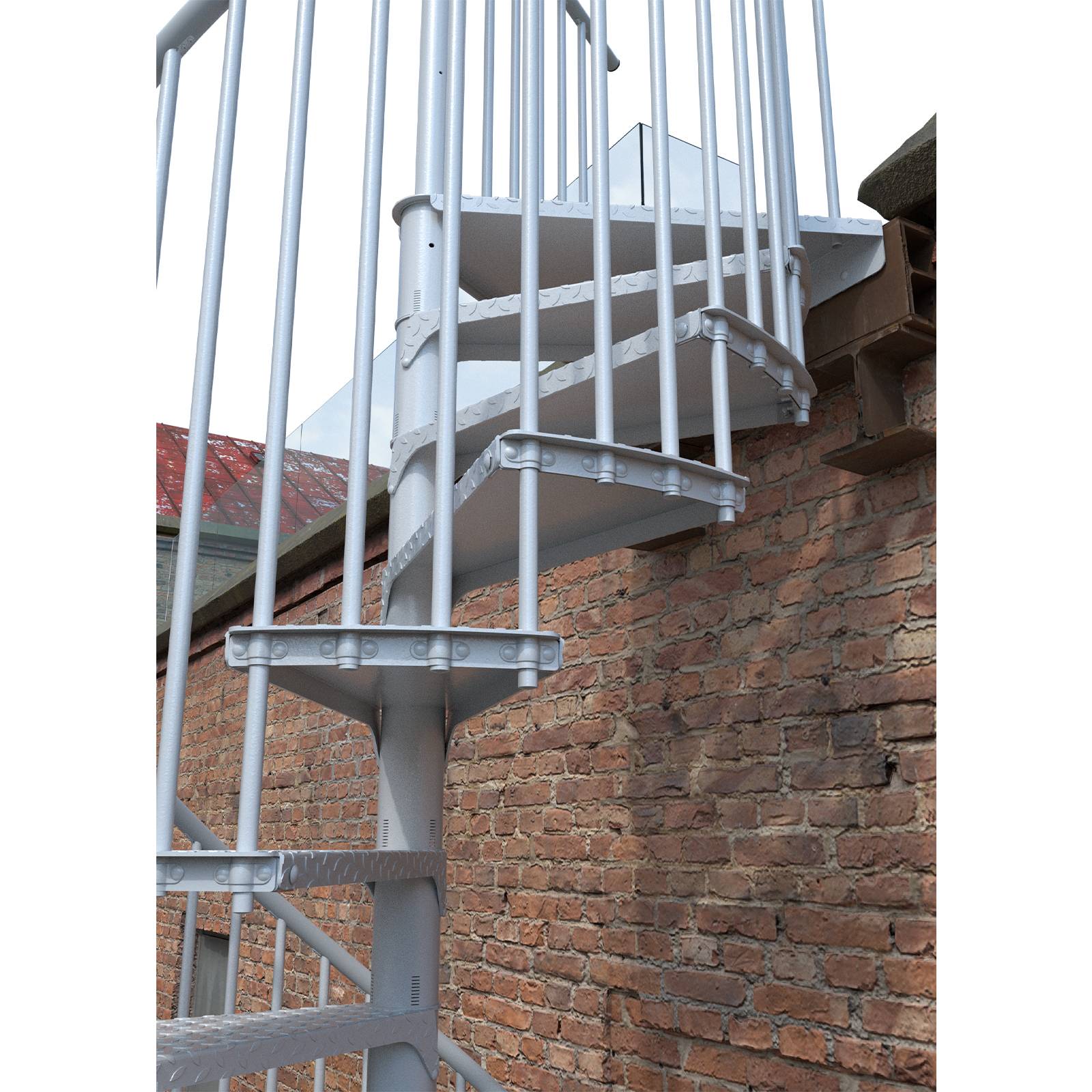 Minka Außenspindeltreppe Rondo Zink Color 38 - 305,5cm Geschosshöhe Weiß 140cm Durchmesser