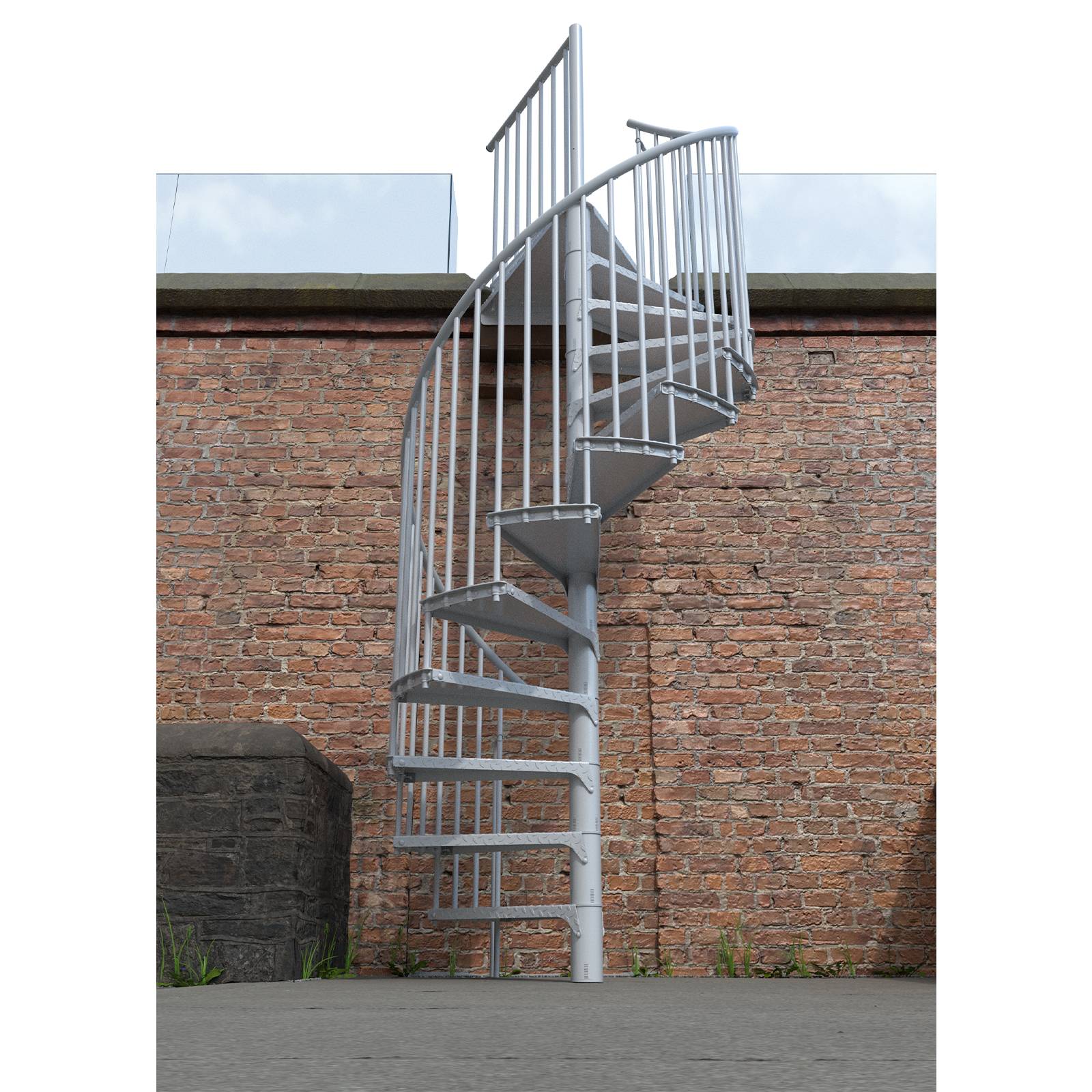 Minka Außenspindeltreppe Rondo Zink Color 38 - 305,5cm Geschosshöhe Weiß 140cm Durchmesser