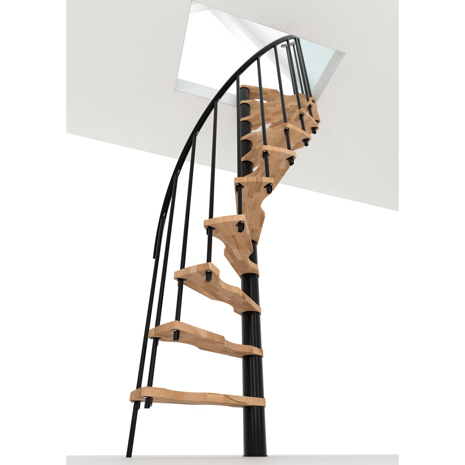 Minka Spindeltreppe Suono Smart 38 - 305,5cm Geschosshöhe Buche Schwarz für 120x68cm Deckenöffnung