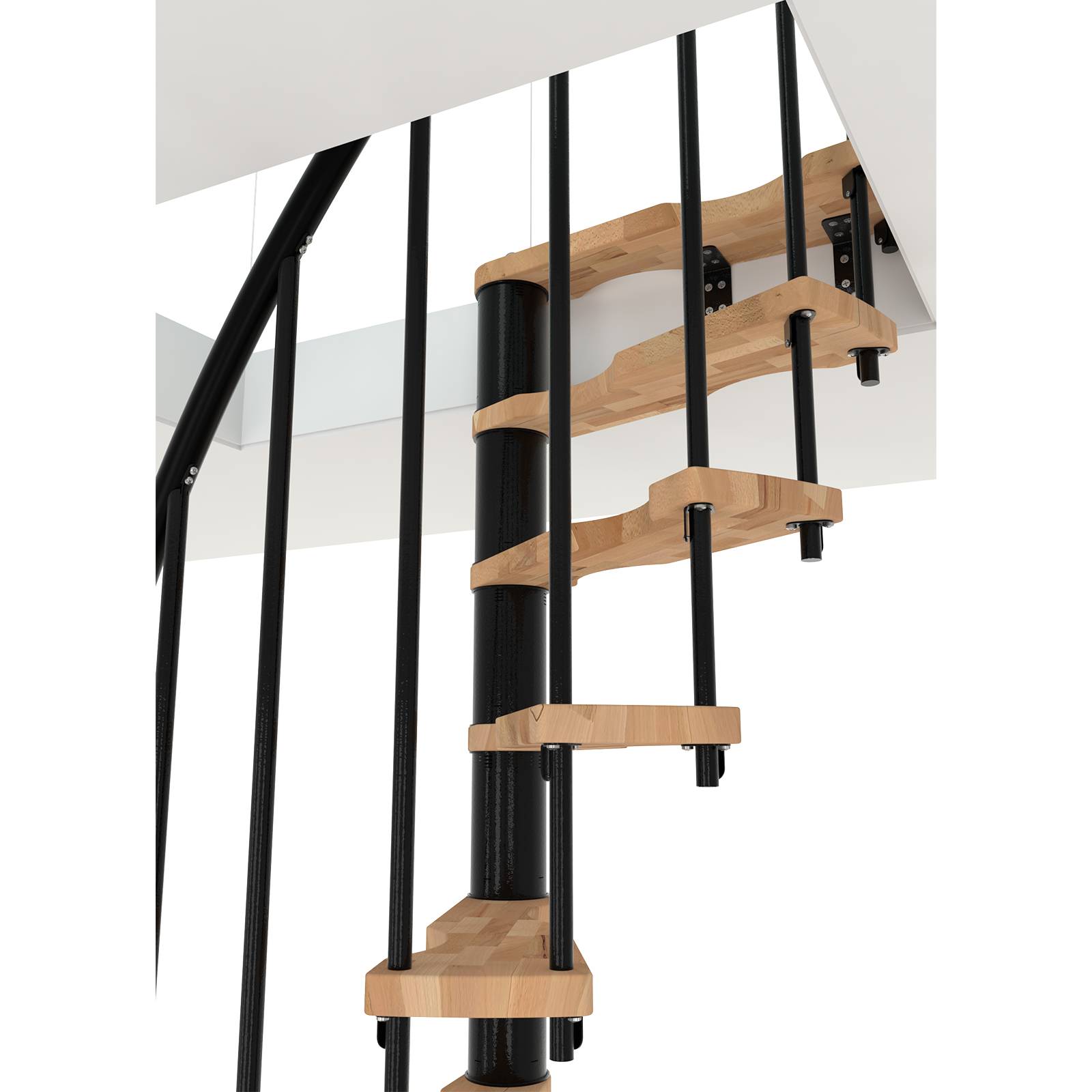 Minka Spindeltreppe Suono Smart 38 - 305,5cm Geschosshöhe Buche Schwarz für 120x68cm Deckenöffnung