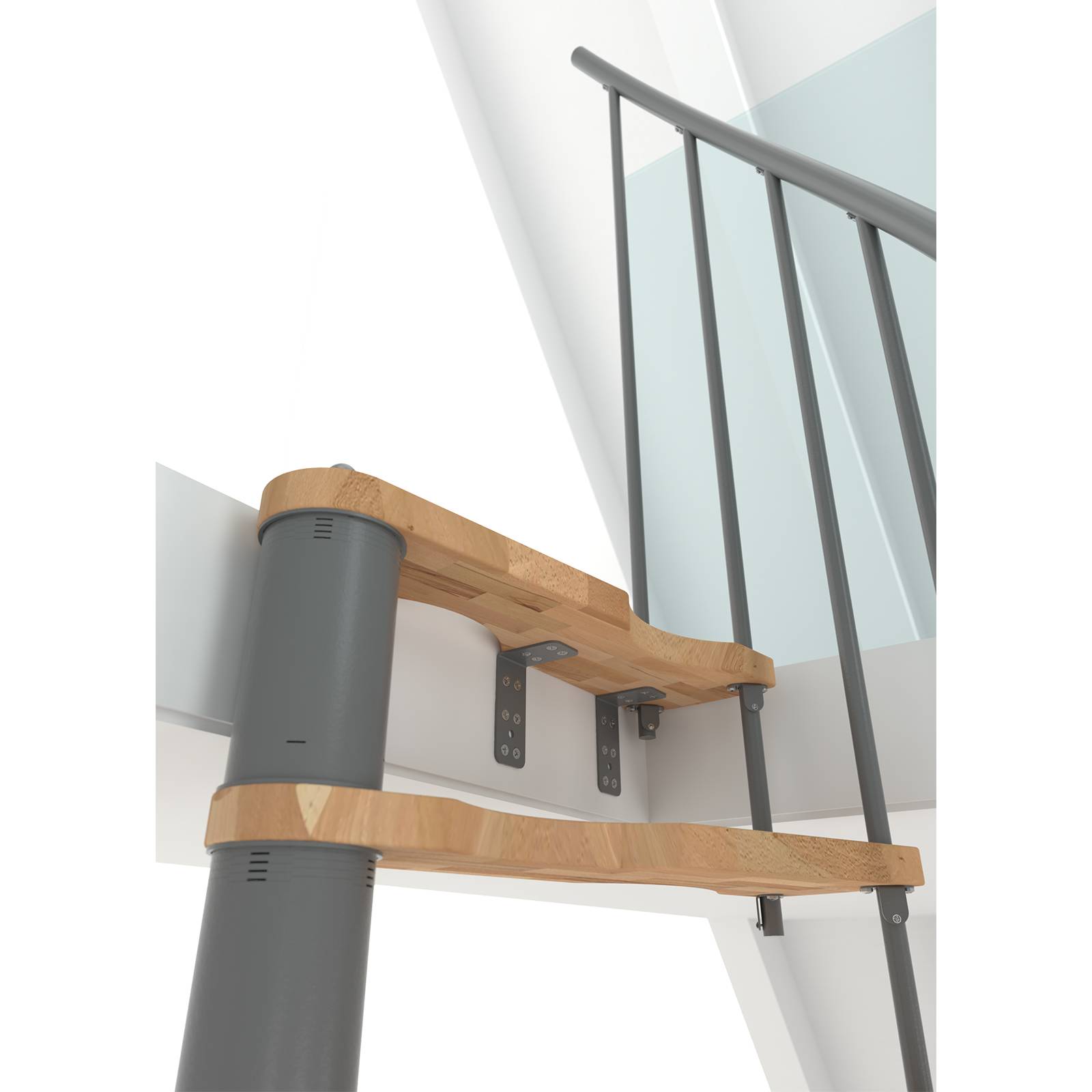 Minka Spindeltreppe Suono Smart 38 - 305,5cm Geschosshöhe Buche Grau für 140x78cm Deckenöffnung