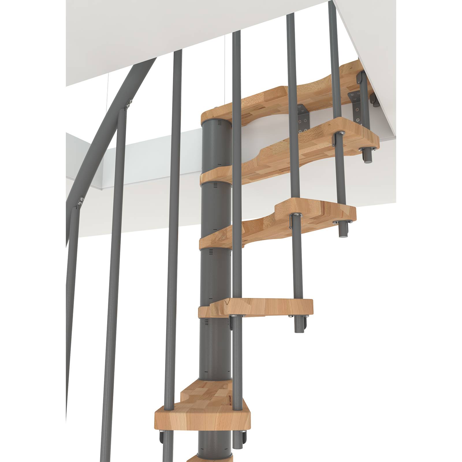Minka Spindeltreppe Suono Smart 38 - 305,5cm Geschosshöhe Buche Grau für 140x78cm Deckenöffnung