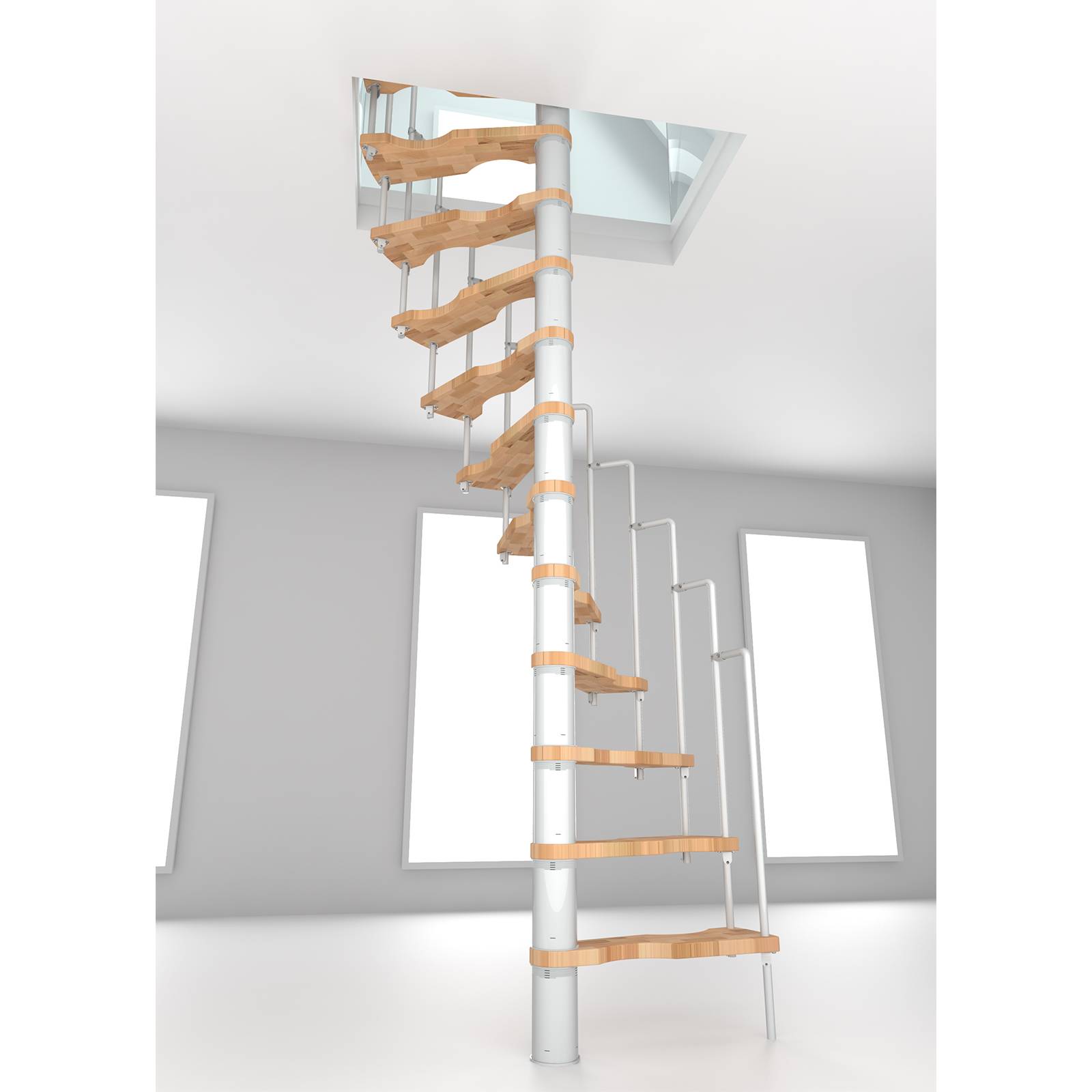 Minka Spindeltreppe Suono 47 - 305,5cm Geschosshöhe Buche Weiß für 120x68cm Deckenöffnung