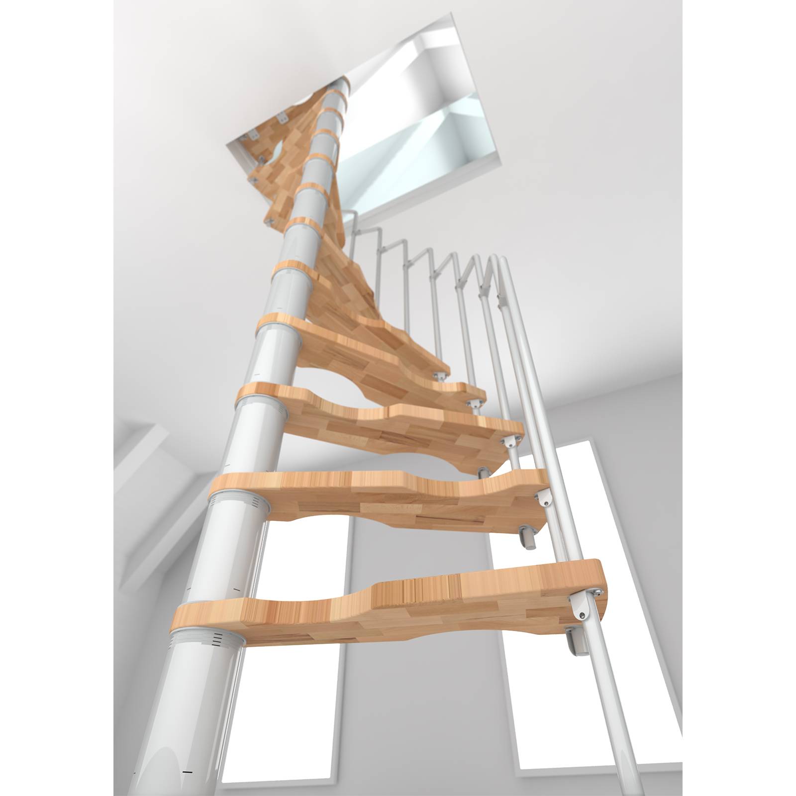 Minka Spindeltreppe Suono 47 - 305,5cm Geschosshöhe Buche Weiß für 120x68cm Deckenöffnung