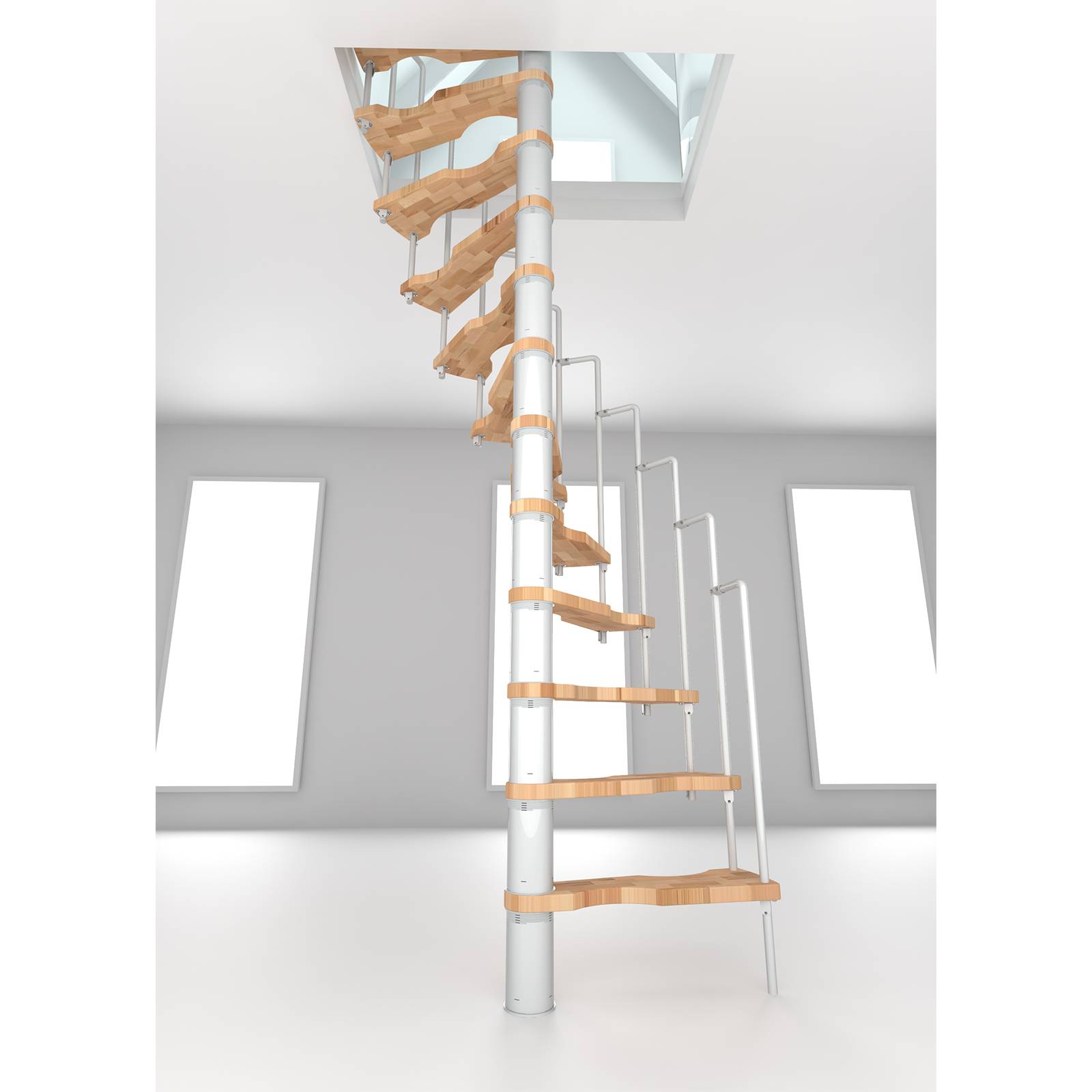 Minka Spindeltreppe Suono 47 - 305,5cm Geschosshöhe Buche Weiß für 120x68cm Deckenöffnung
