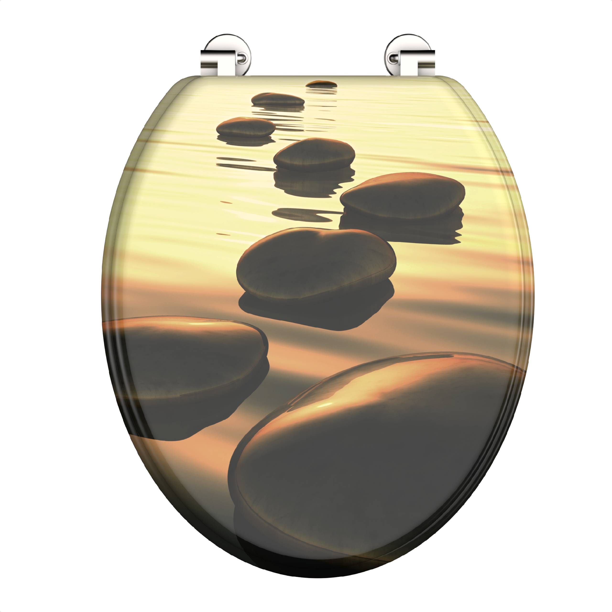 Toilettensitzabdeckung mit einem Bild von glatten Steinen auf Wasser, das einen Sonnenuntergang reflektiert und eine beruhigende und natürliche Ästhetik schafft.