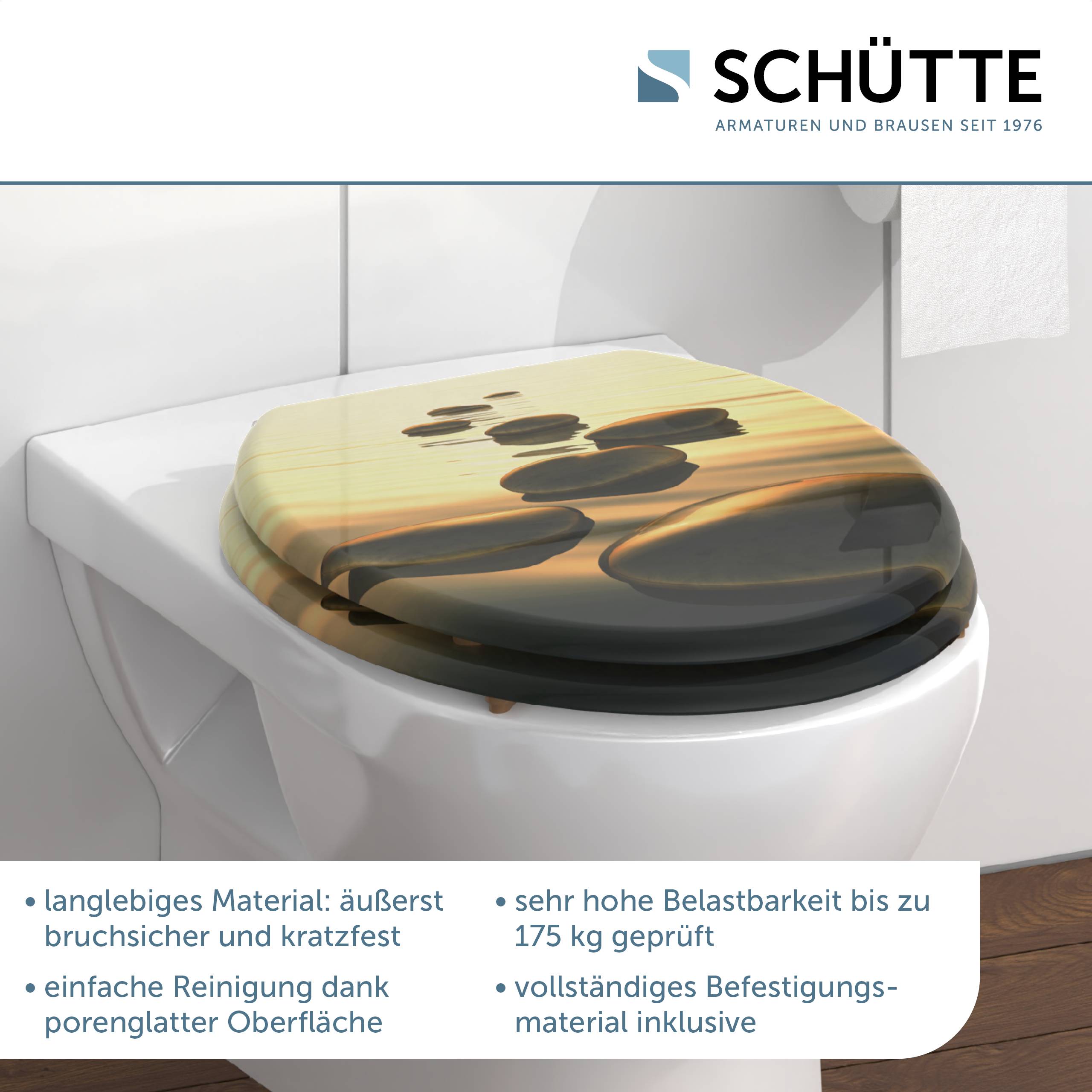 Toilette mit gemustertem Sitzbezug, Werbefunktionen wie langlebiges Material, Kratzerbeständigkeit und hohe Tragfähigkeit von Schütte.