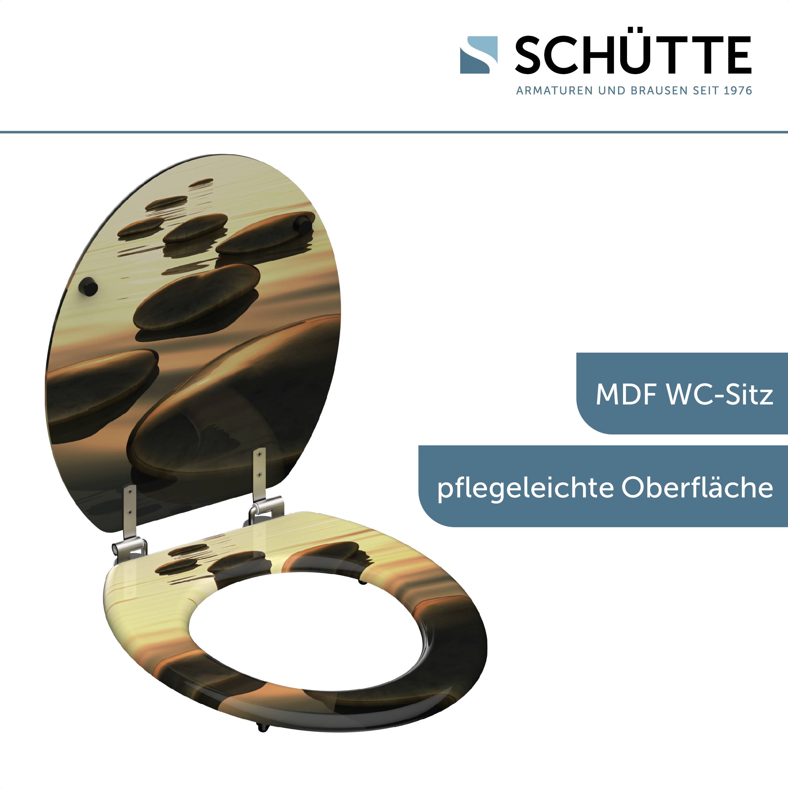 Toilettensitz mit einem ruhigen Stein- und Wasserdesign, vermarktet als mit einer „pflegeleichten Oberfläche