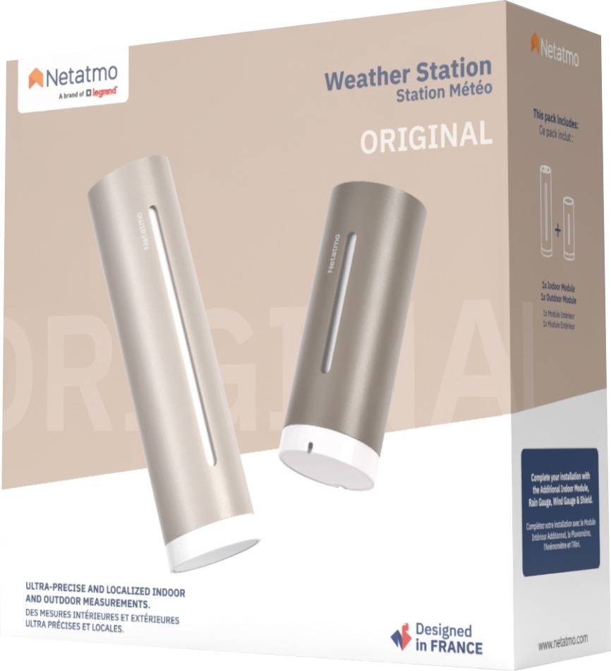 Verpackung der 'Netatmo Wetterstation' zeigt zwei elegante zylindrische Geräte. Hauptmerkmal: präzise Messungen für Innen- und Außenbereiche. Marke: Entwickelt von Netatmo.