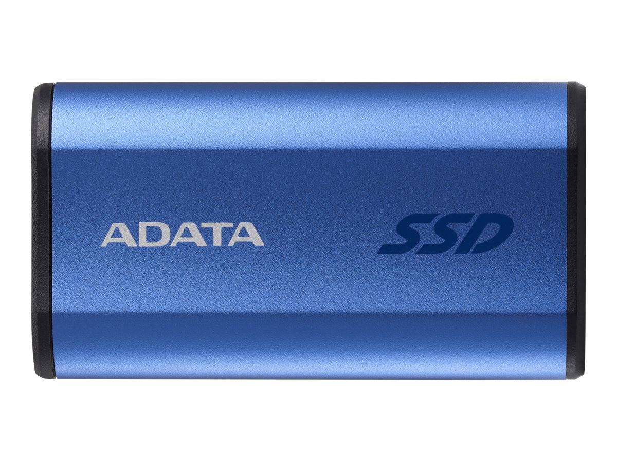 Eine blaue ADATA SSD mit dem 'ADATA' Logo auf der linken Seite und 'SSD' auf der rechten Seite, die eine Solid-State-Drive-Marke darstellt.