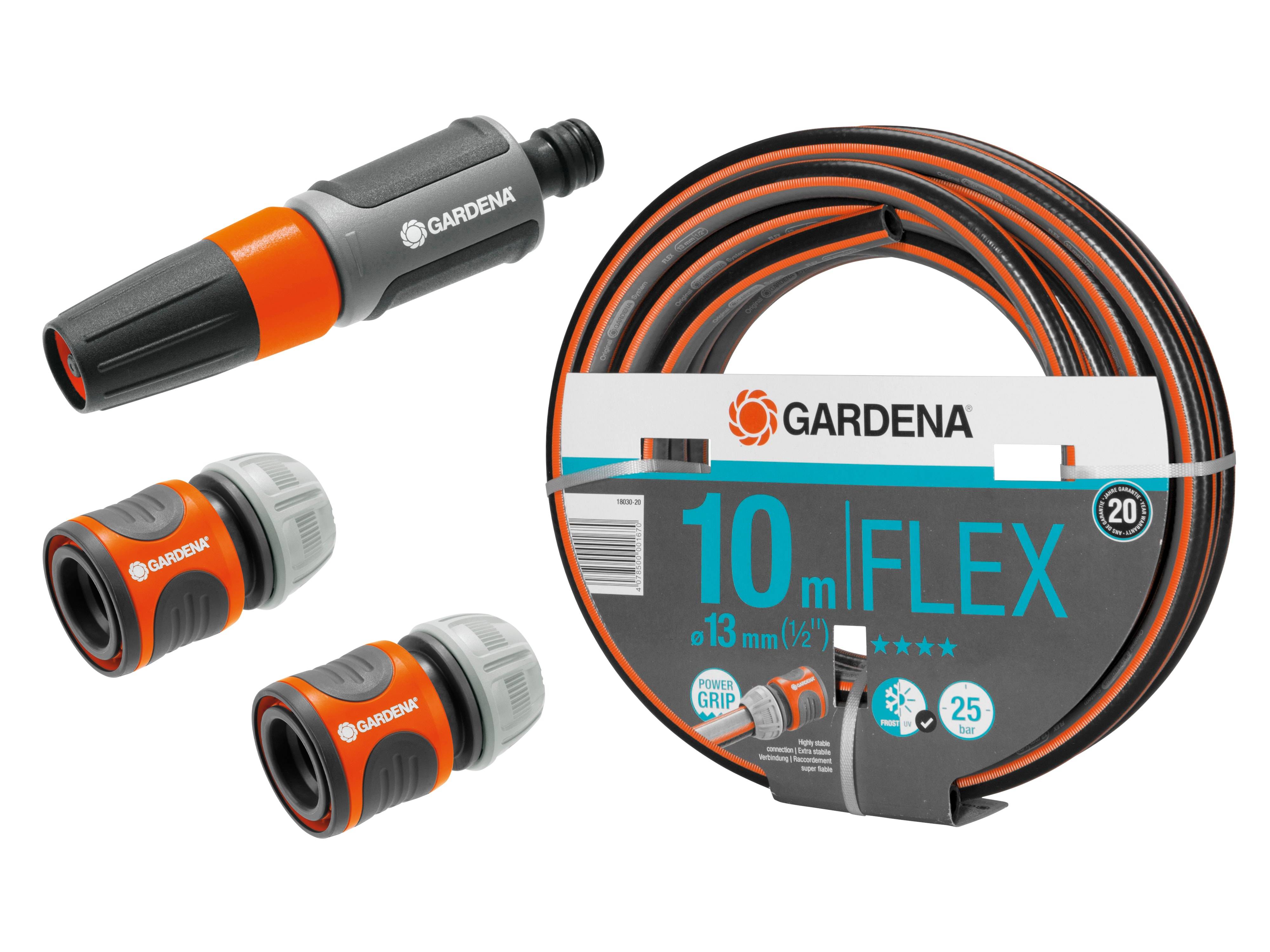 Gardena Schlauchset mit 10m flexiblem Schlauch, Verbindungsstücken und ergonomischem Griffdesign, verpackt in orange und grauer Farbgebung.