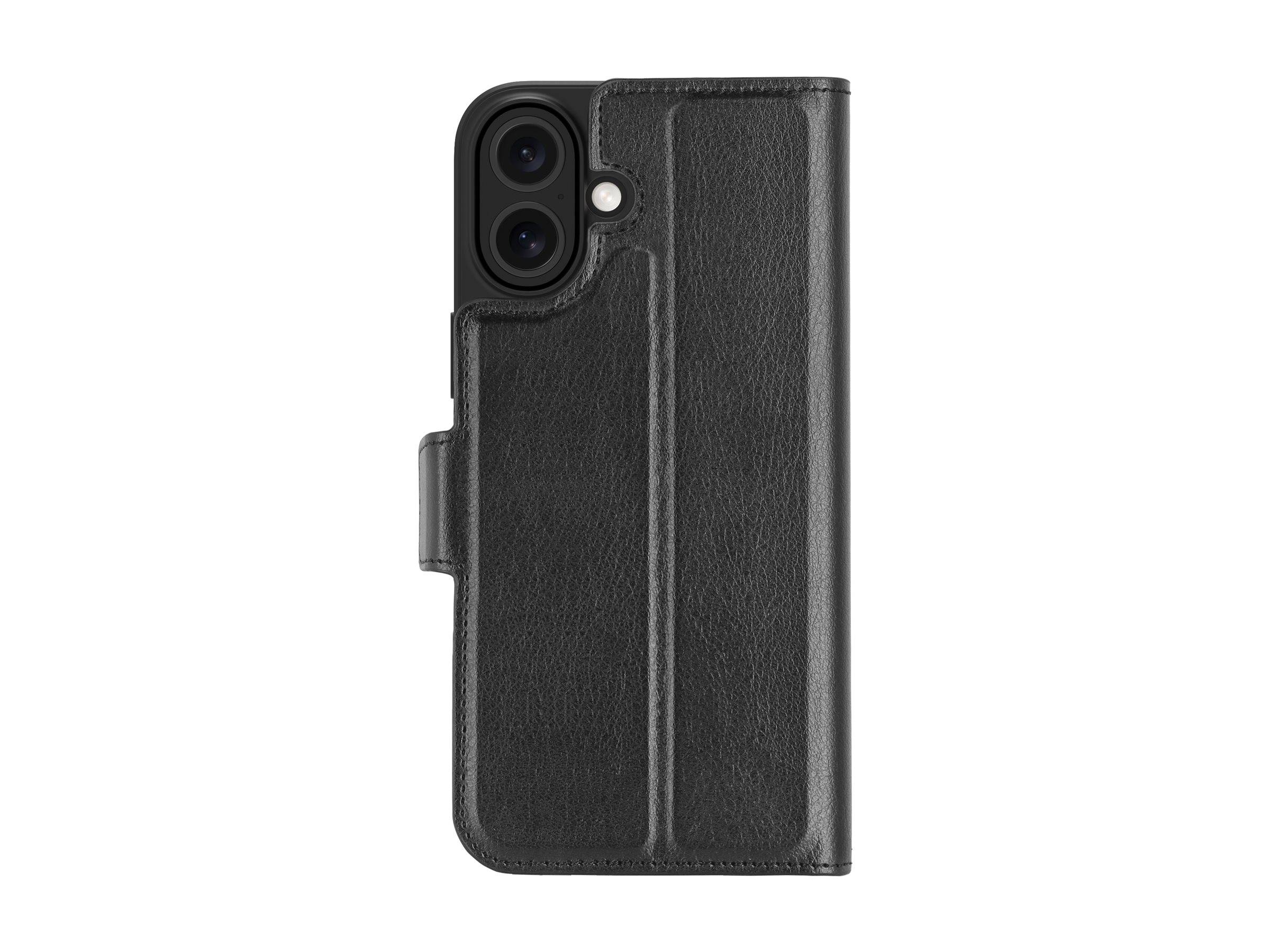 Schwarze Ledertelefonhülle, die ein Smartphone abdeckt. Zwei Kameraobjektive sind oben links sichtbar. Die Hülle hat ein vertikales Nahtdesign.