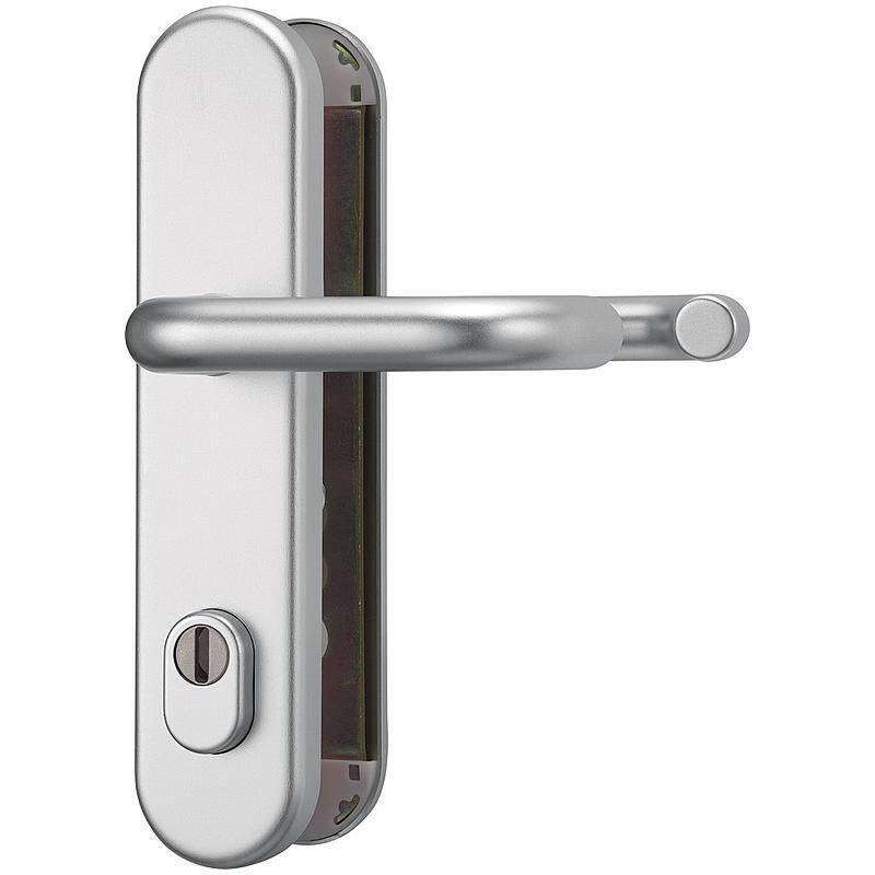 Silberner Türgriff und Schloss auf einer rechteckigen Platte, von der Seite betrachtet.