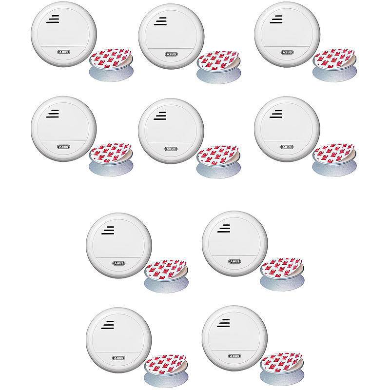 10er Abus Funk-Rauchmelder RM40 Lithium + Magnet, RAUCHMELDER-SET - Modell: RM40 | Set-Inhalt: 10x Rauchmelder, 10x Mag