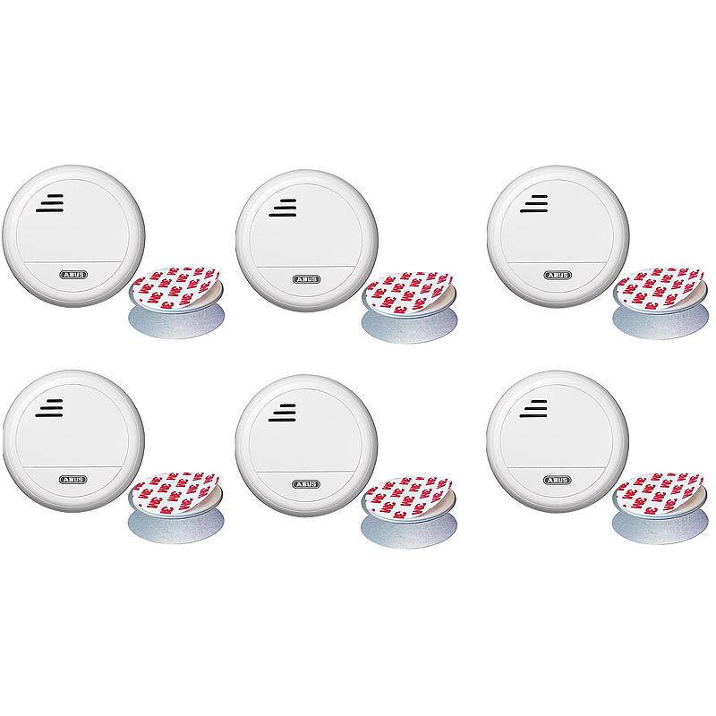6er Abus Funk-Rauchmelder RM40 Lithium + Magnet, RAUCHMELDER-SET - Modell: RM40 | Set-Inhalt: 6x Rauchmelder, 6x Magnet