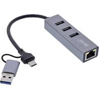Ein USB-C-Hub mit angeschlossenem Kabel verfügt über drei USB-Anschlüsse und einen Ethernet-Anschluss zum Verbinden mehrerer Geräte.