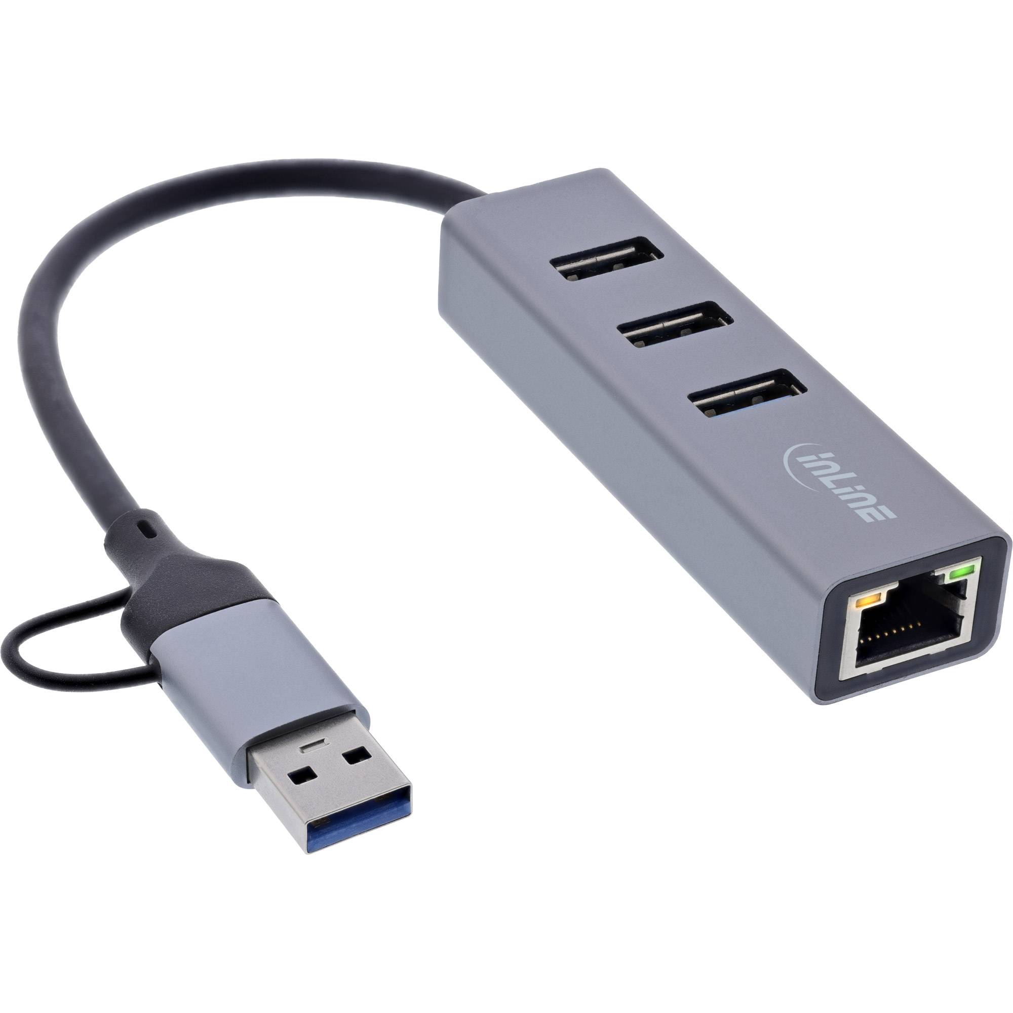 Ein USB-Hub mit drei USB-Anschlüssen und einem Ethernet-Port, der über ein USB-3.0-Kabel verbunden ist und zur Erweiterung der Konnektivitätsoptionen dient.