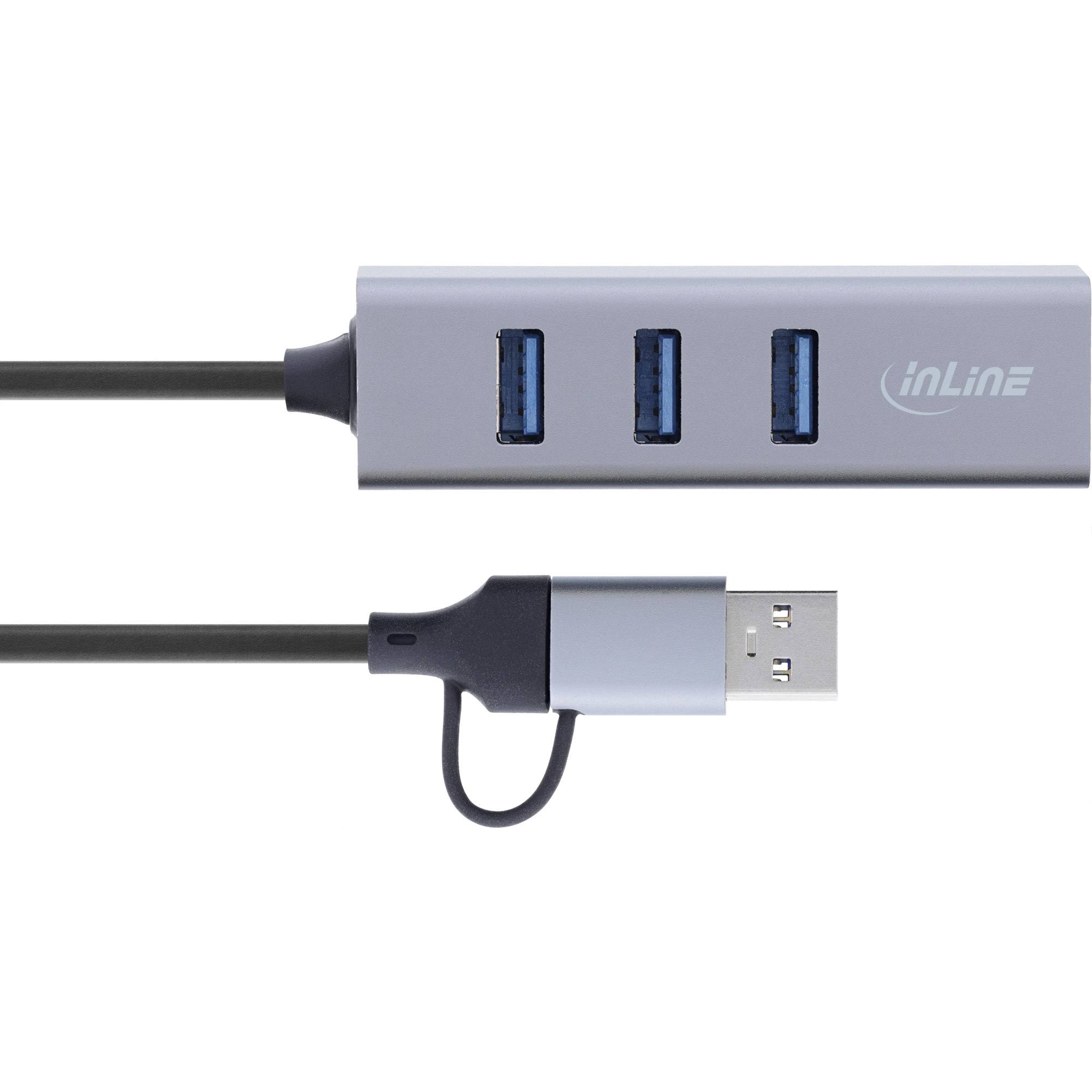 Ein silberner USB-Hub mit drei Anschlüssen, der durch ein schwarzes Kabel mit einem USB-Stecker verbunden ist, mit der Aufschrift 
