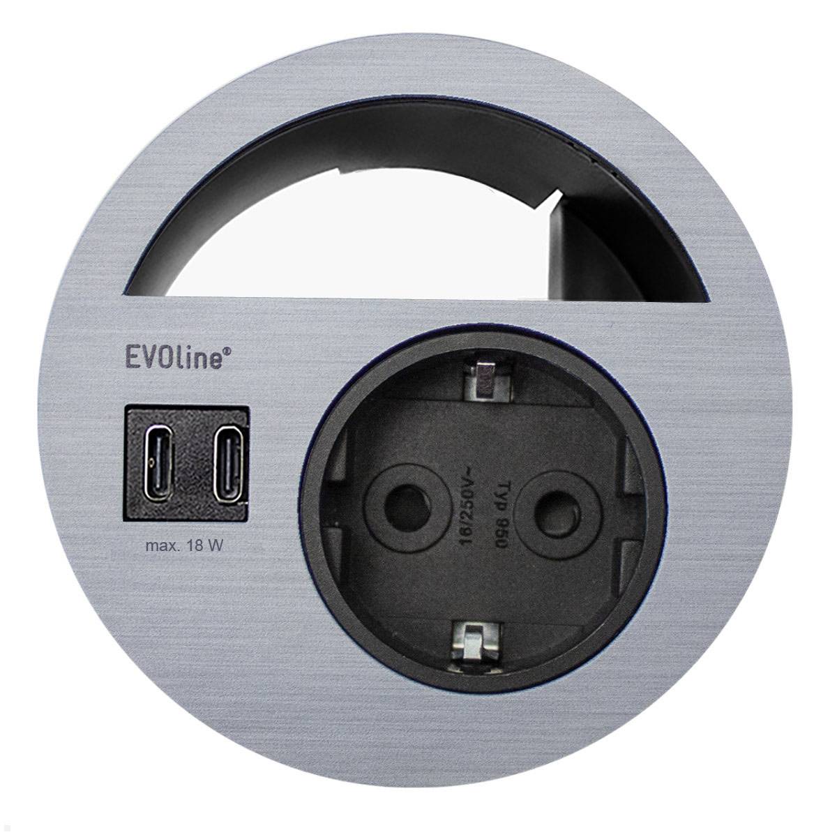 EVOline Circle80 Einbausteckdose mit USB-Charger C/C, Edelstahl-Optik