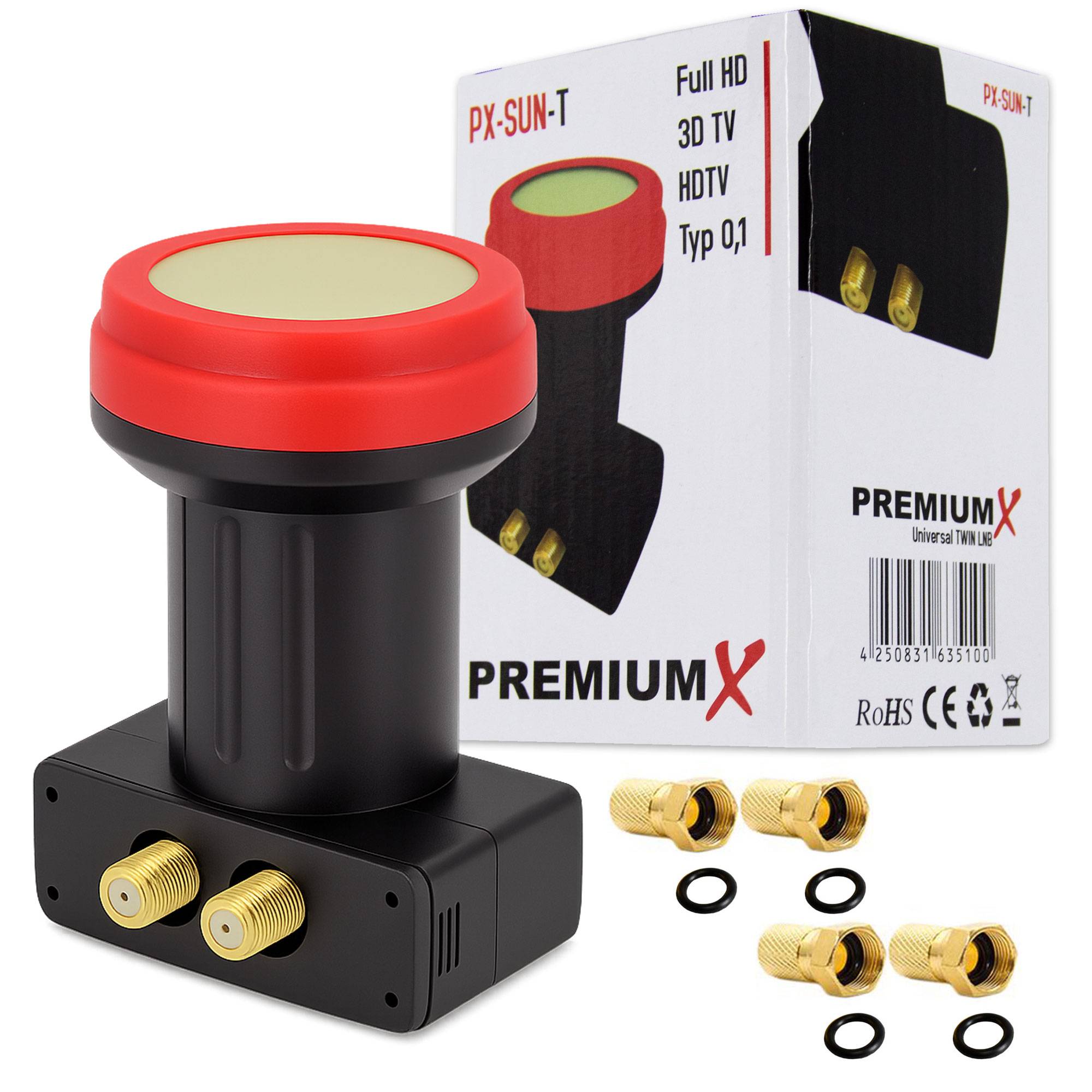 Premium X Twin LNB - 2Fach - Extrem Hitzebeständig - für 2 Teilnehmer - 4K Full HD - mit Wetterschutz für Satellitenschüssel Sat Receiver Digital