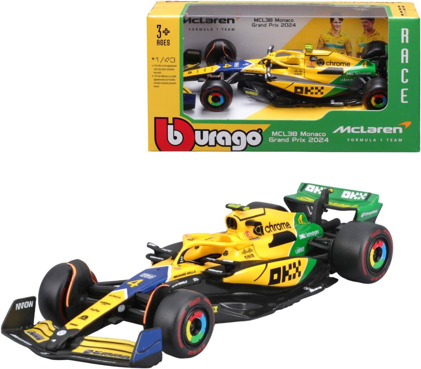 Bburago 18-38214 - Modellauto - F1 MCLaren MCL38 "Monaco (Senna)" #4 Norris, '24 (Maßstab 1:43)