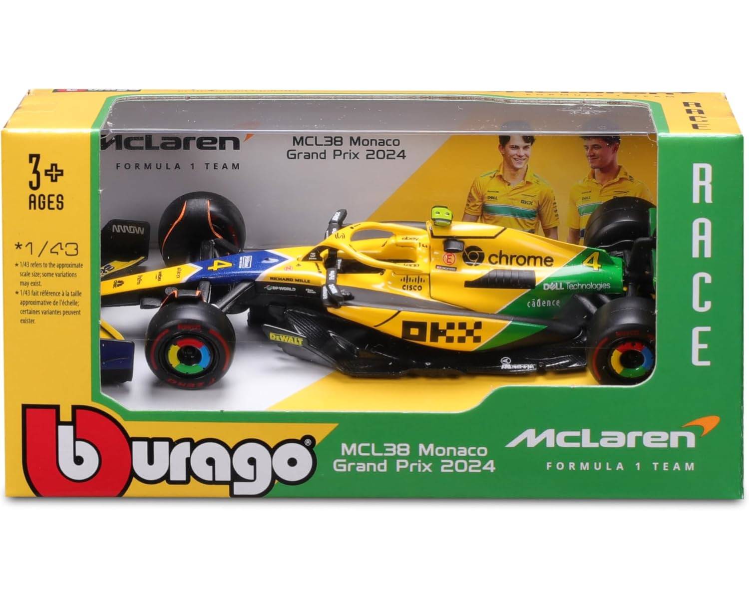 Bburago 18-38214 - Modellauto - F1 MCLaren MCL38 "Monaco (Senna)" #4 Norris, '24 (Maßstab 1:43)