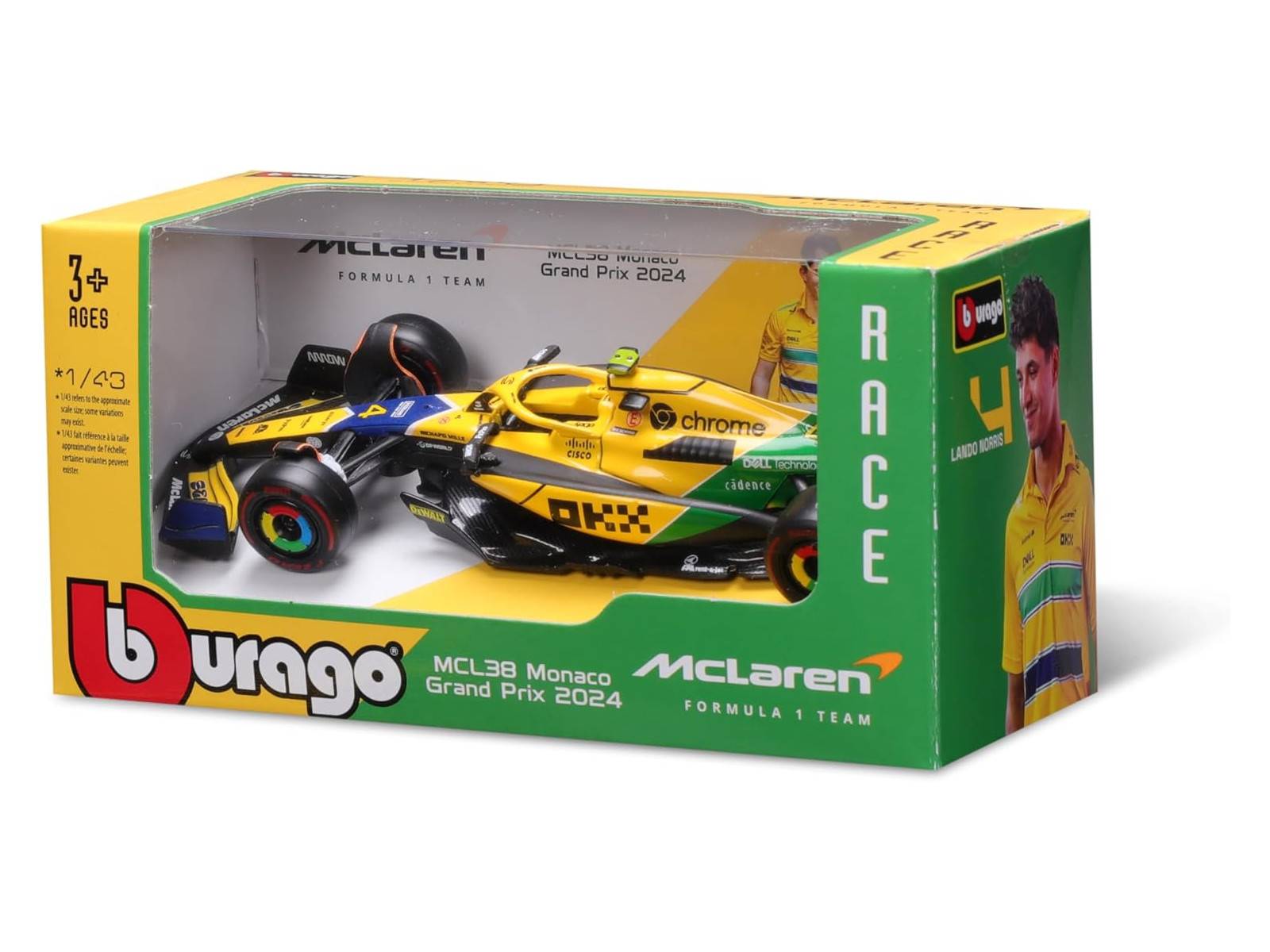 Bburago 18-38214 - Modellauto - F1 MCLaren MCL38 "Monaco (Senna)" #4 Norris, '24 (Maßstab 1:43)