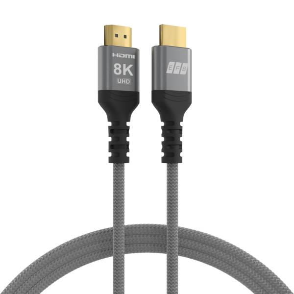 Ein 8K UHD HDMI-Kabel mit grauem geflochtenen Außenmantel, das zwei vergoldete Anschlüsse mit der Bezeichnung 