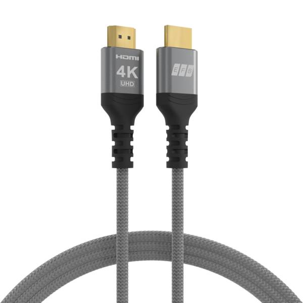 HDMI-Kabel mit zwei Anschlüssen, die mit '4K UHD' gekennzeichnet sind, und einem Markenlogo, mit geflochtener Textur.
