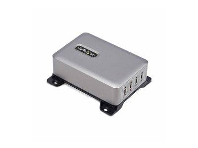 Ein silberner elektronischer Geräte mit vier USB-Anschlüssen an einer Seite, montiert auf einer schwarzen Basis. Die Beschriftung lautet 