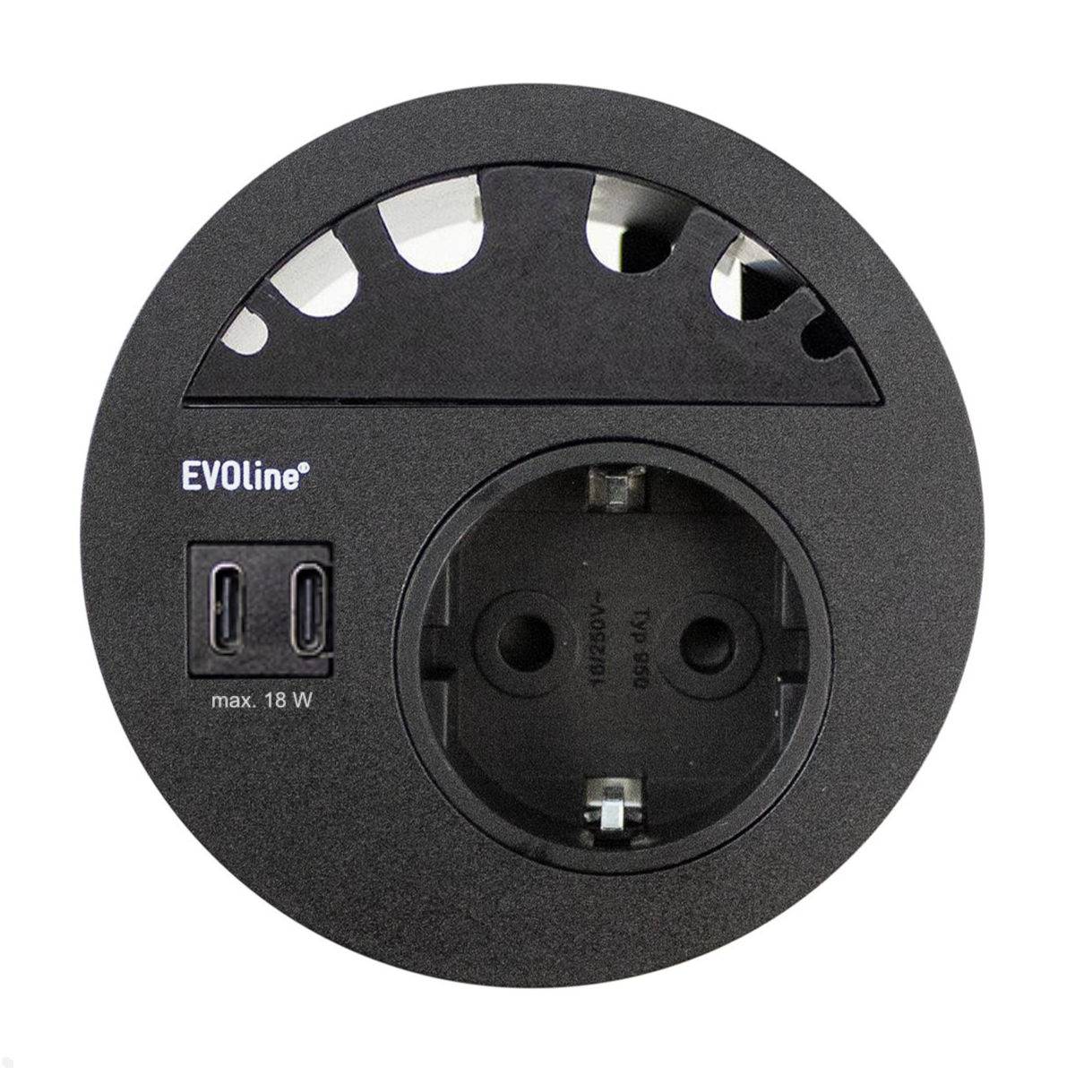 EVOline Circle80 Einbausteckdose mit USB-Charger C/C mit Kabelführung, schwarz