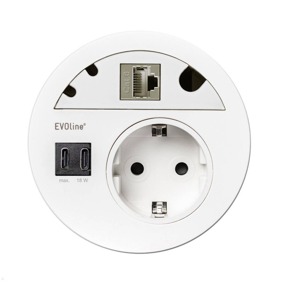 EVOline Circle80 Einbausteckdose mit USB-Charger C/C mit CAT6a, weiß