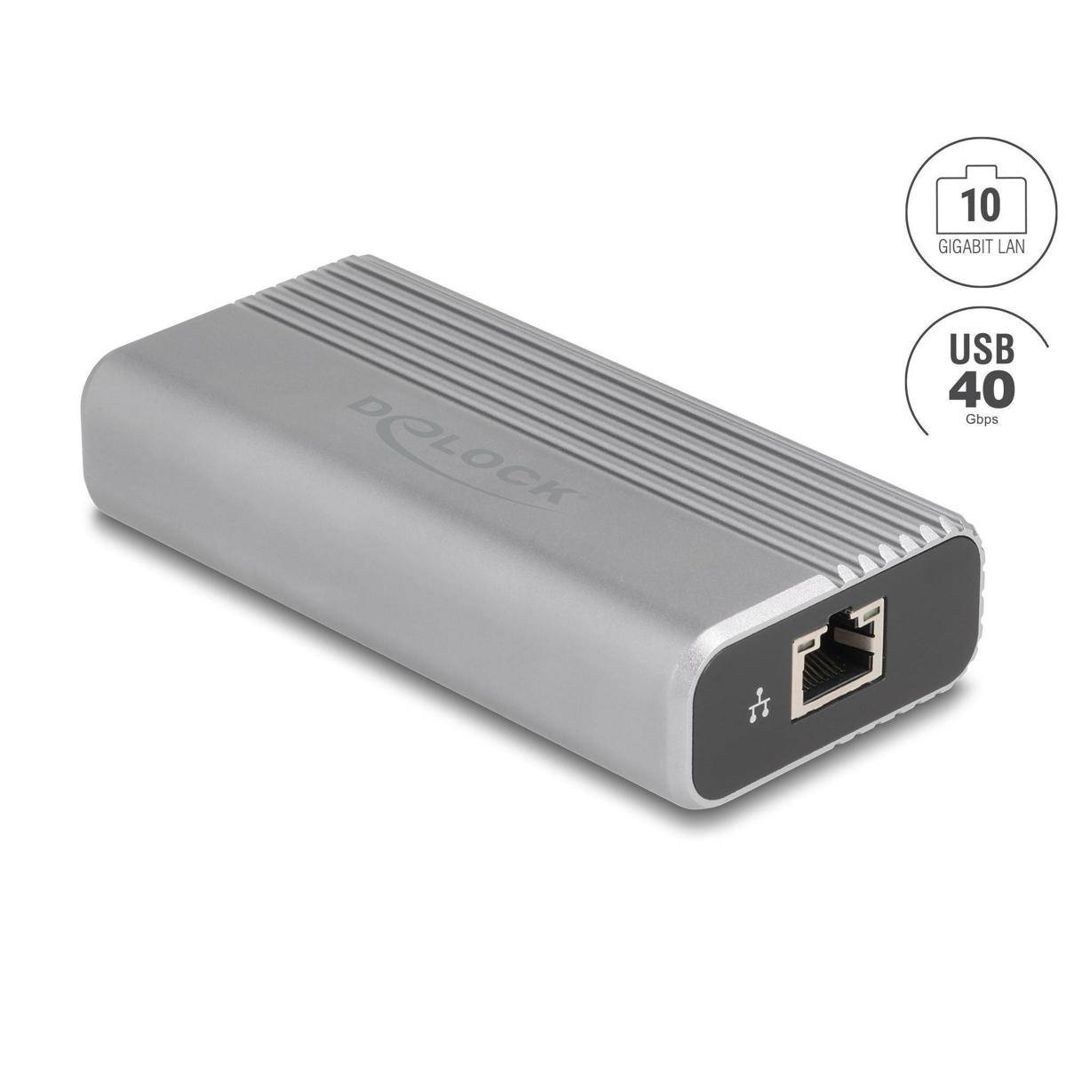 Silberner rechteckiger Netzwerkadapter mit 'DELOCK' Logo, ausgestattet mit einem Ethernet-Anschluss. Beschriftung: '10 Gigabit LAN' und 'USB 4.0 40 Gbps'.