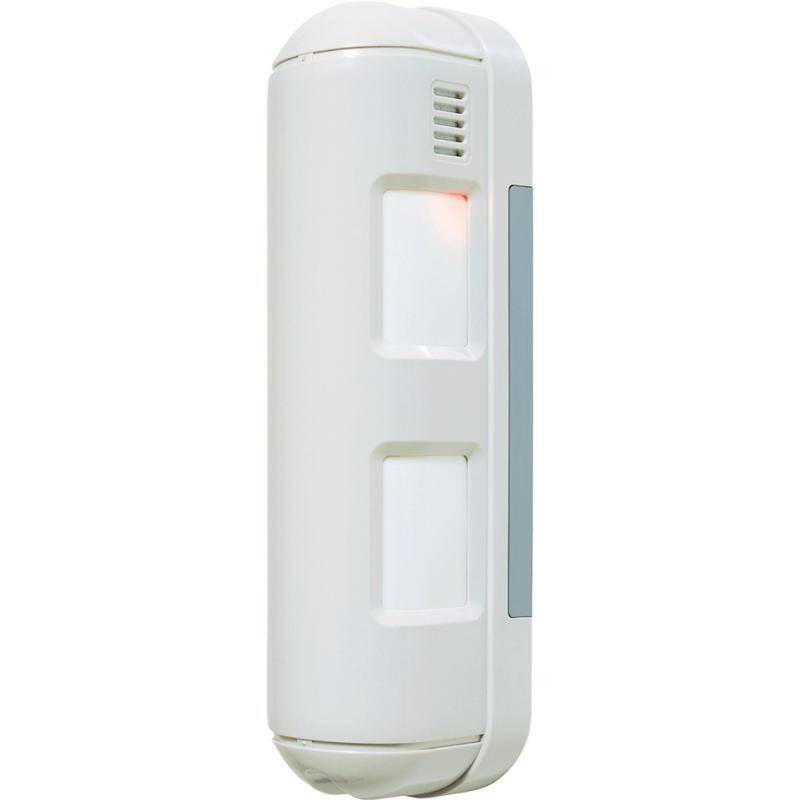 Ein weißer vertikaler Bewegungsmelder mit einem sichtbaren Lichtindikator, der zwei Sensoröffnungen auf seiner Vorderseite aufweist und hauptsächlich in Sicherheitssystemen eingesetzt wird.