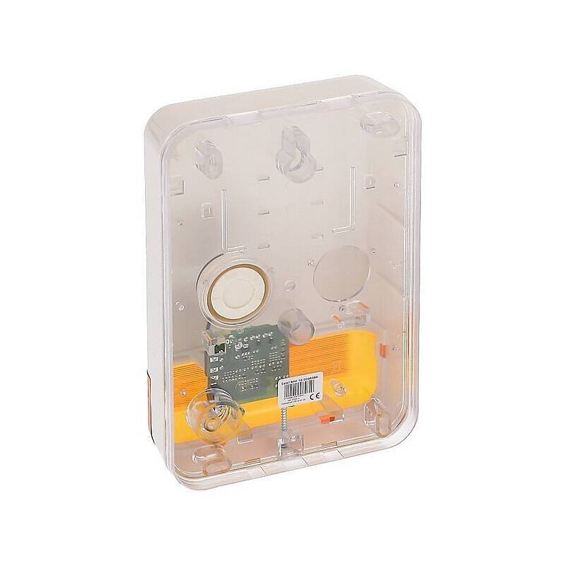 Ein transparentes Kunststoffgehäuse mit einem gelben elektronischen Gerät im Inneren, das eine kleine Leiterplatte und ein Barcode-Etikett auf der Seite zeigt.