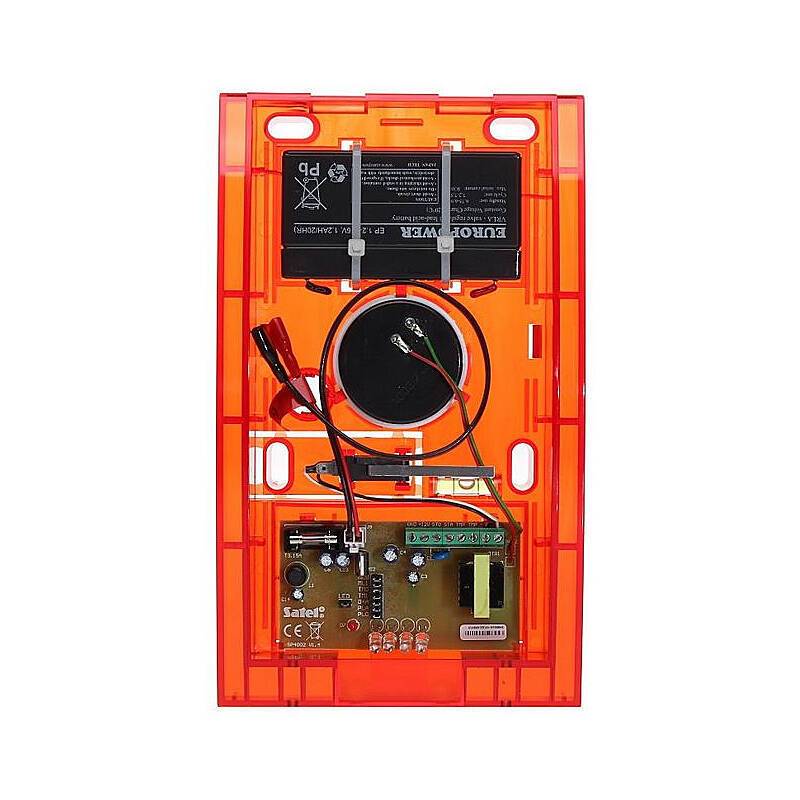 Ein orangefarbenes elektronisches Gehäuse mit Leiterplatte, Drähten und Lautsprecher, mit dem Label 