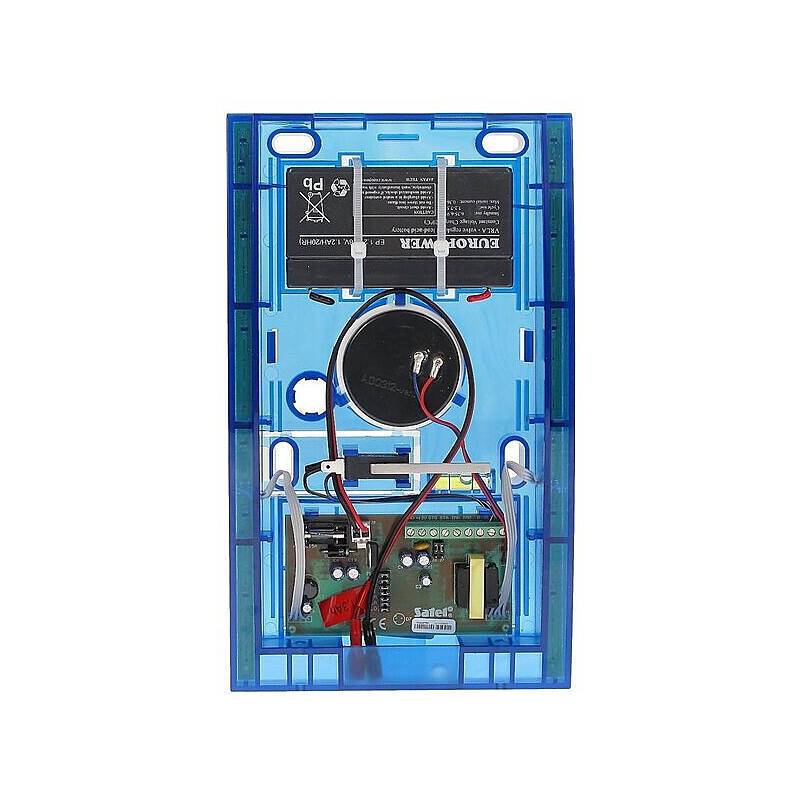 Ein transparentes blaues elektronisches Gehäuse mit sichtbarer Leiterplatte, Komponenten und Verkabelung im Inneren.