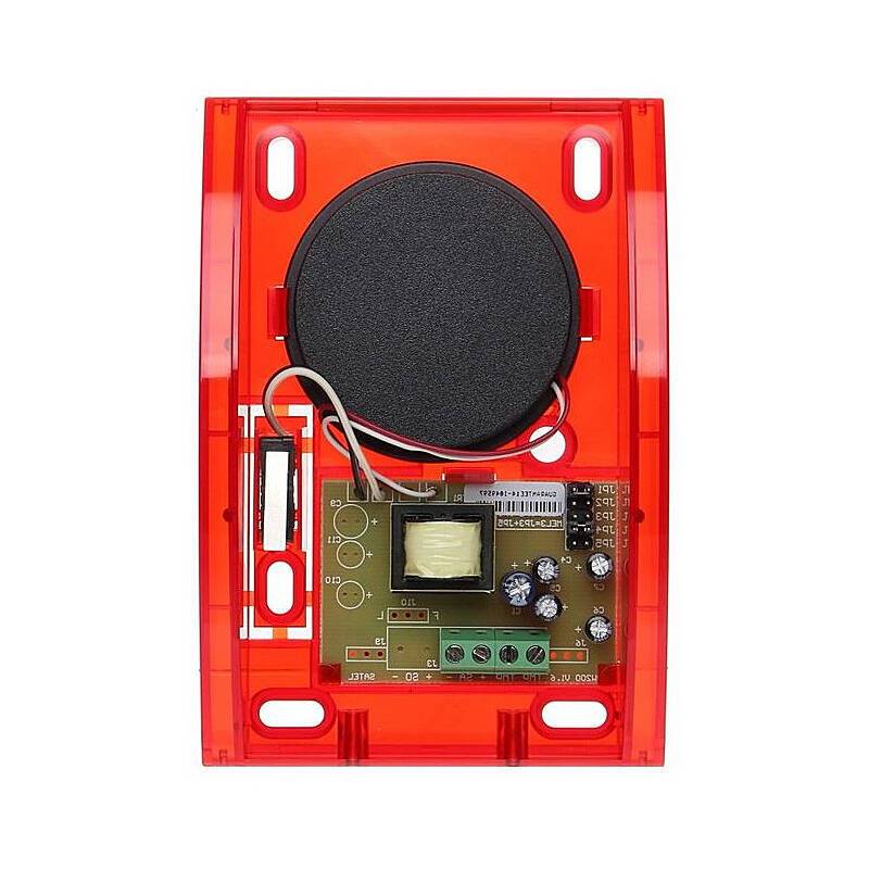 Ein rotes, durchscheinendes elektronisches Gerät mit einem runden schwarzen Lautsprecher, Verdrahtung und einer Leiterplatte mit verschiedenen sichtbaren Komponenten im Inneren.