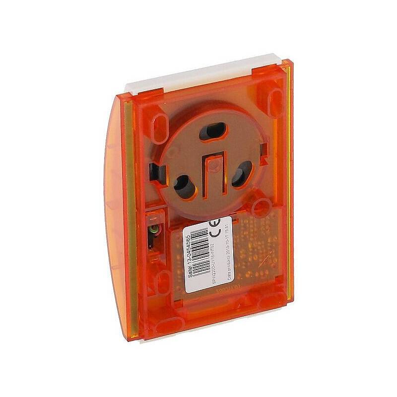 Orangener Stromadapter mit einem Etikett, das Konformitätszeichen anzeigt.