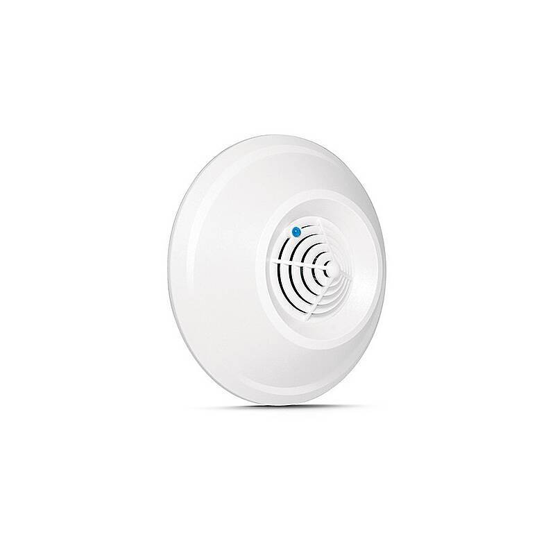 Ein weißer Rauchmelder mit kreisförmigem Design und einem kleinen blauen Anzeigelicht in der Mitte.