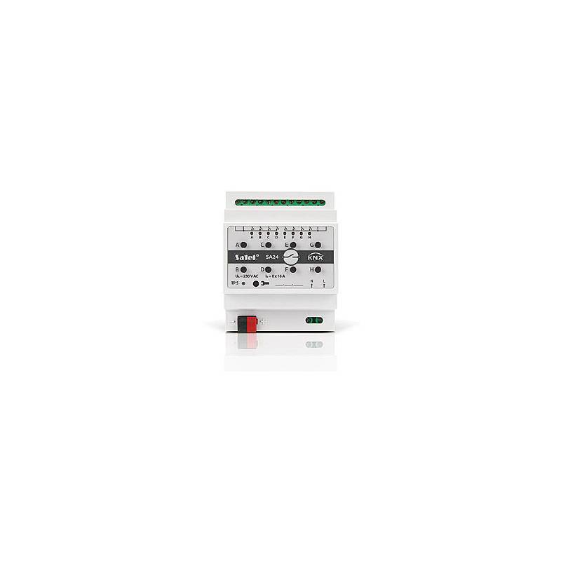 Weißes DIN-Schienen-Elektrosteuermodul mit Terminalanzeigen und einem roten Schalter, dargestellt auf einem einfachen weißen Hintergrund.