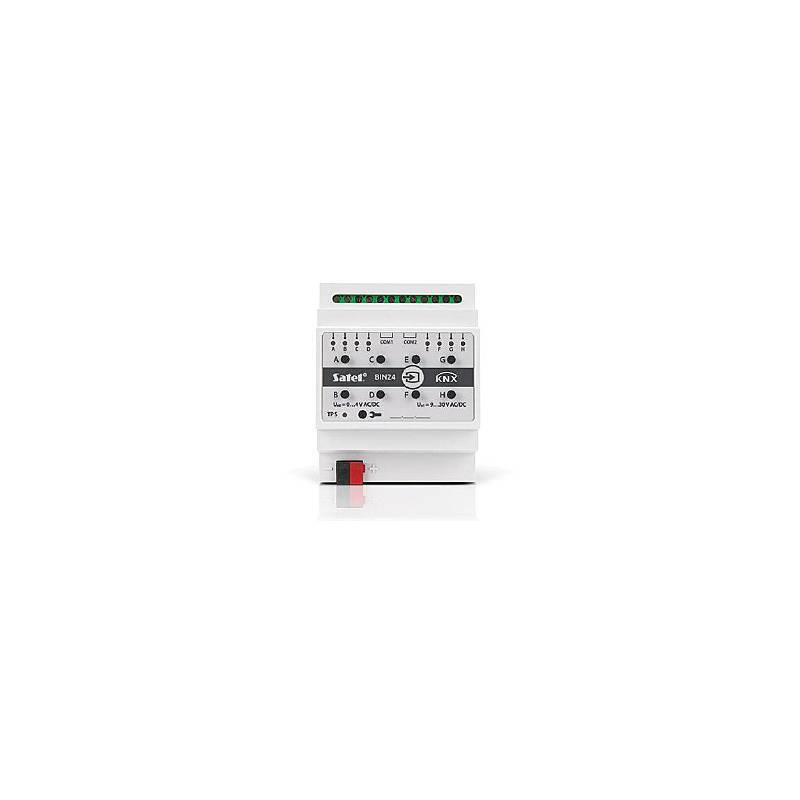 Weißes DIN-Schienen-Elektrosteuermodul mit beschrifteten Klemmenmarkierungen und einem roten Schalter, dargestellt auf einem einfachen weißen Hintergrund.