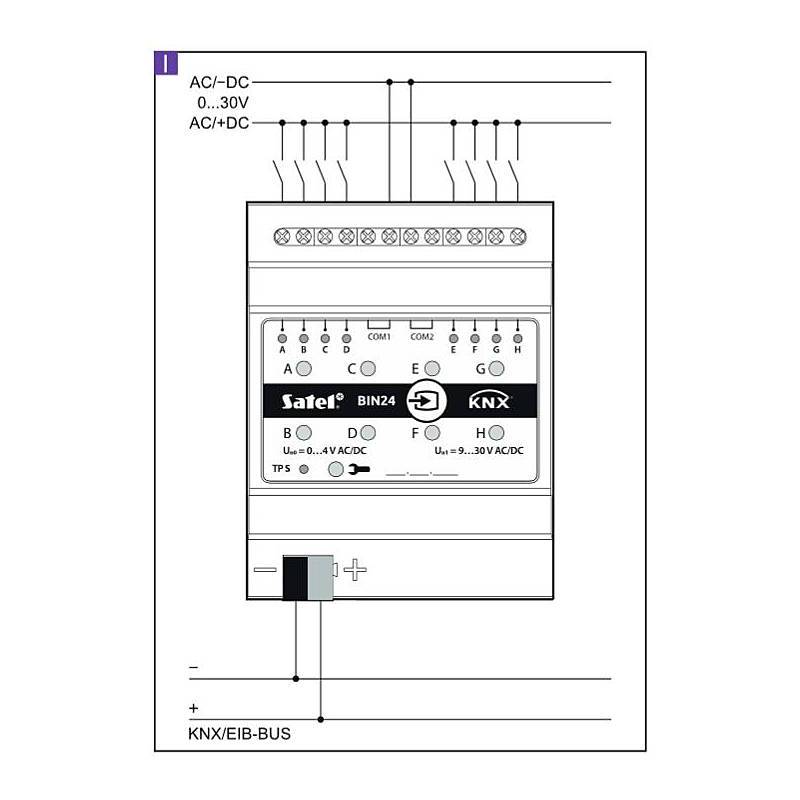 Schaltplan eines Satel BIN24 KNX-Moduls mit AC/DC-Eingängen oben und KNX/EIB-Bus-Anschlüssen unten, mit Anschlussleiste mit den Bezeichnungen A–H und COM1/COM2.