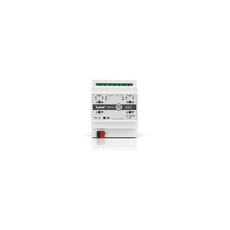Vorderansicht eines Satel KNX DIN-Schienen-Controller-Moduls mit gekennzeichneten Anschlüssen und grünen Verbindungsanschlüssen auf weißem Hintergrund.