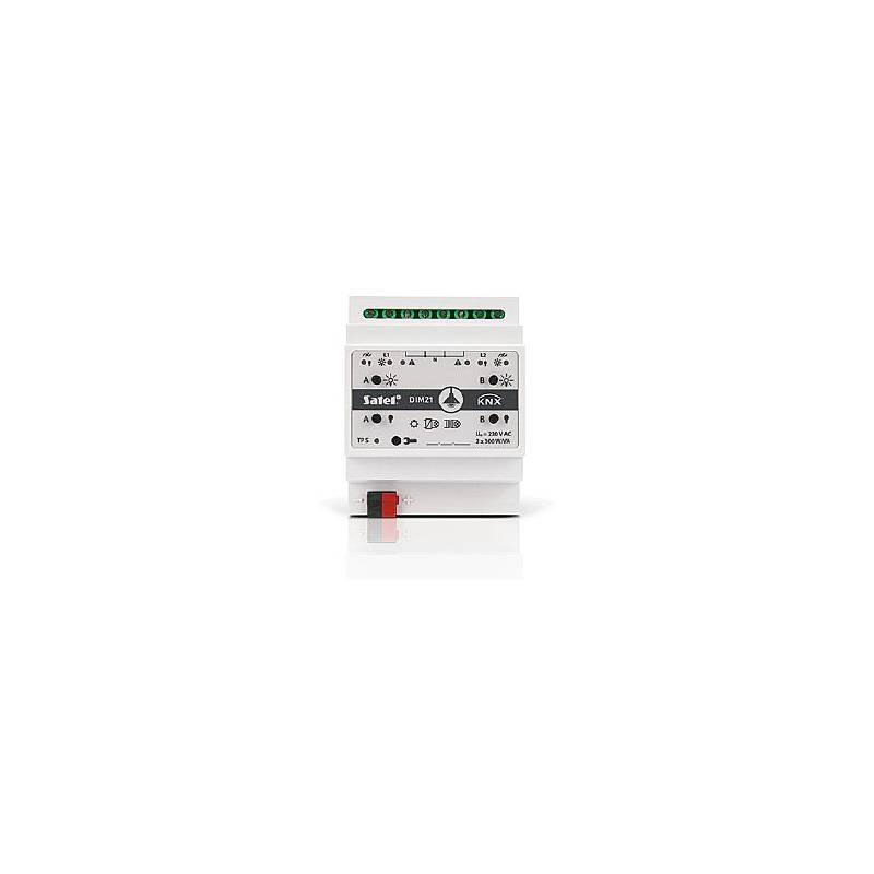 Weißes DIN-Schienen-KNX-Elektromodul mit grünen Anschllussklemmen und einer roten Verriegelung, frontal vor einem einfachen weißen Hintergrund dargestellt.