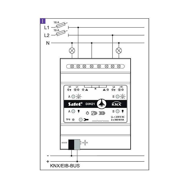 Schaltschema eines Satel DIM2 KNX-Dimmermoduls angeschlossen an L1, L2, N und KNX/EIB-Bus, mit zwei Belastungen für Beleuchtung dargestellt.