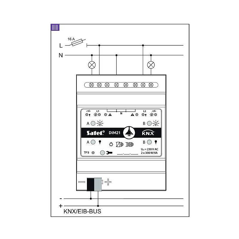 Schaltplan eines Satel DIM21 KNX-Dimmmoduls mit L/N-Stromversorgung, zwei Lampen und KNX/EIB-Bus mit einer 16-A-Sicherung.