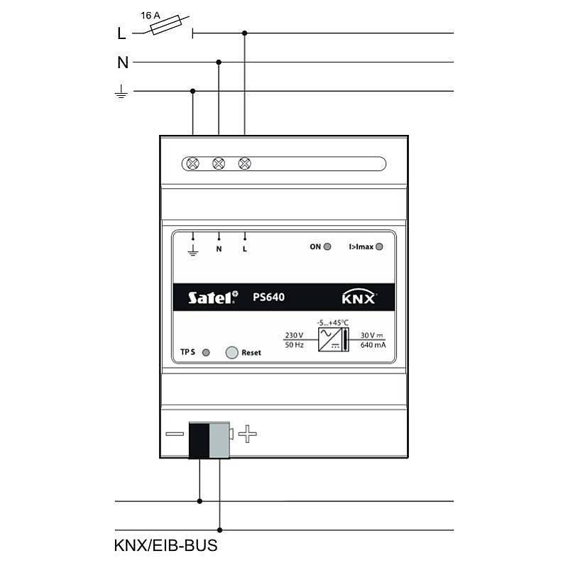 KNX PS640 Netzteil-Schaltplan mit Anschlüssen für L, N und KNX/EIB-BUS.
